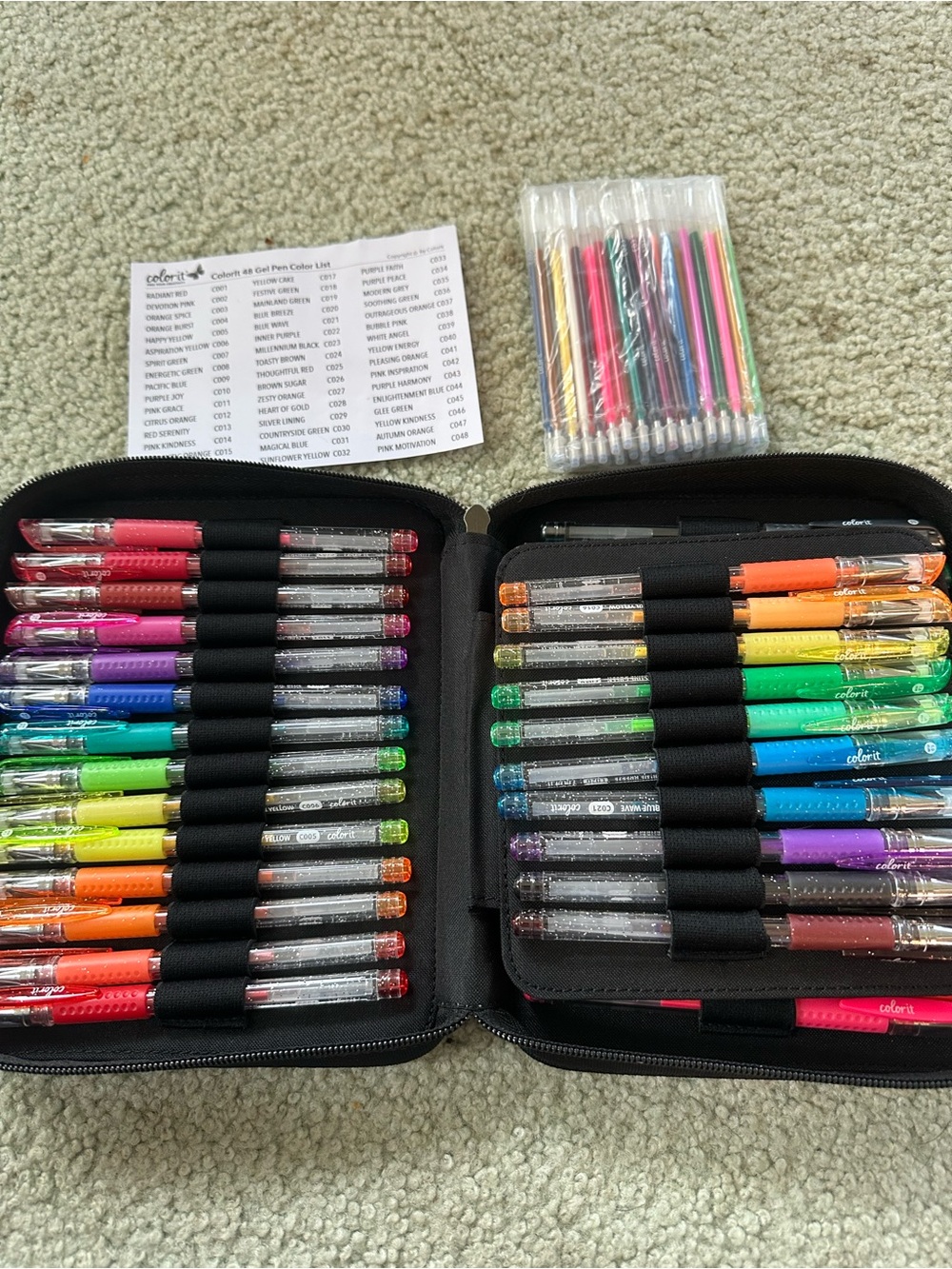 Black Zippered Gel Pen Organizer with Assorted Color Gel Pens